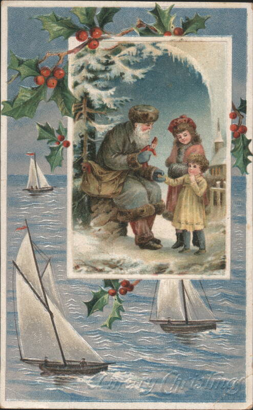 Santa Claus with Children in Snow, Holly, Sailboats, Merry Christmas