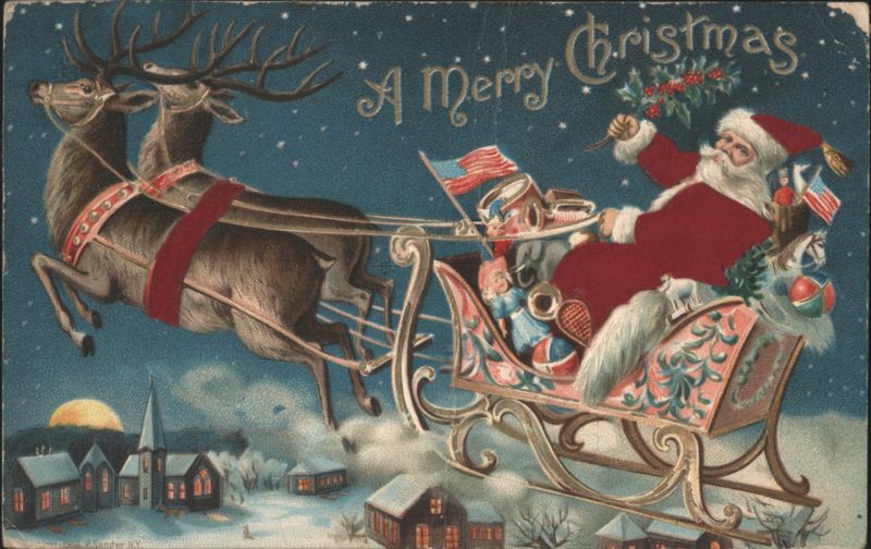 Santa Claus in Sleigh with Reindeer over Snowy Village, Merry Christmas