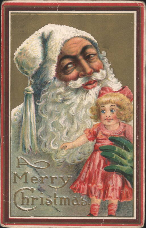 Santa Claus with White Fur Hat & Beard Holding Hand of Girl Doll, Merry Christmas