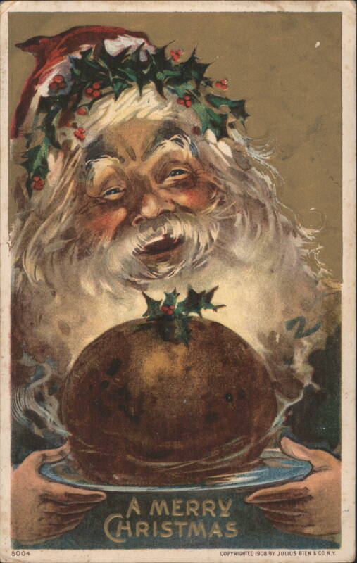 Santa Claus with Holly Wreath Holding Christmas Pudding