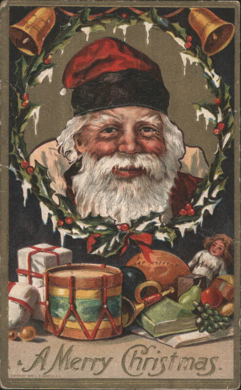 Santa Claus with Holly Wreath, Bells, and Christmas Toys