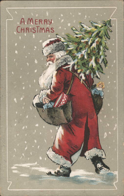 Santa Claus Carrying Christmas Tree and Basket of Toys in Snow