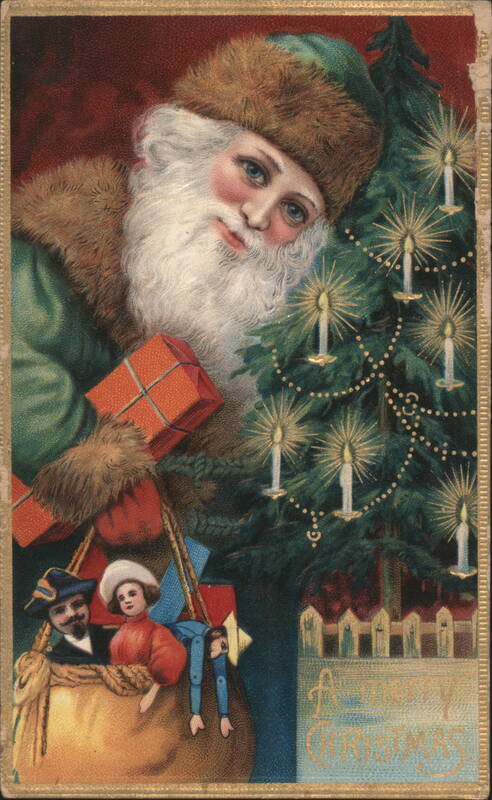 Santa Claus with Christmas Tree and Bag of Toys