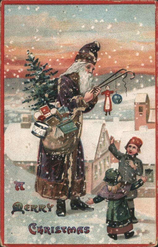 Santa Claus with Toys and Children in Snowy Village