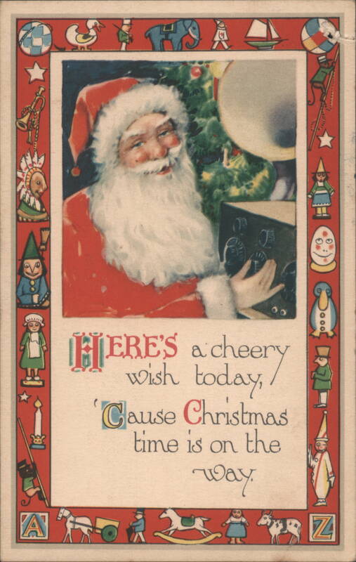 Santa Claus with Phonograph, Christmas Tree & Cheery Wish Greeting