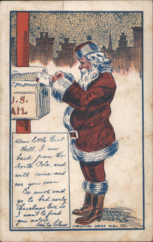 Santa Claus Mailing Letter, Christmas Eve Message, City Skyline