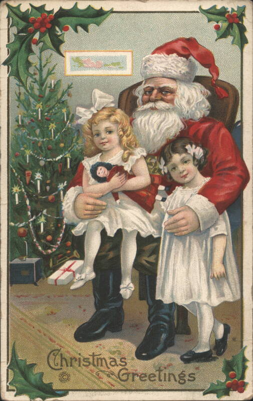 Santa Claus with Two Girls and Christmas Tree, Christmas Greetings