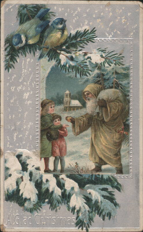 Santa Claus Giving Gifts to Children, Snowy Christmas Scene with Birds