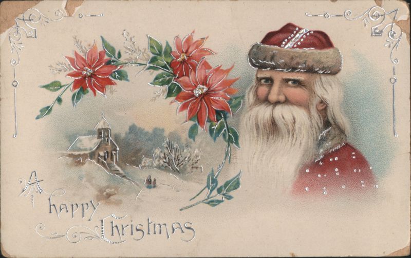Santa Claus with Poinsettias and Snowy Church Scene, A Happy Christmas
