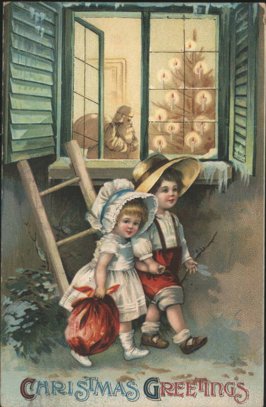 Christmas Greetings with Children, Santa Claus, and Lit Tree in Window