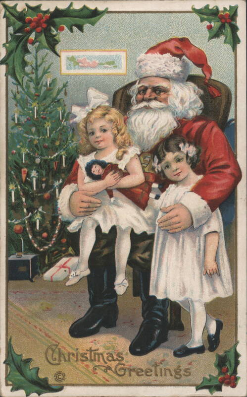 Santa Claus with Two Girls and Christmas Tree