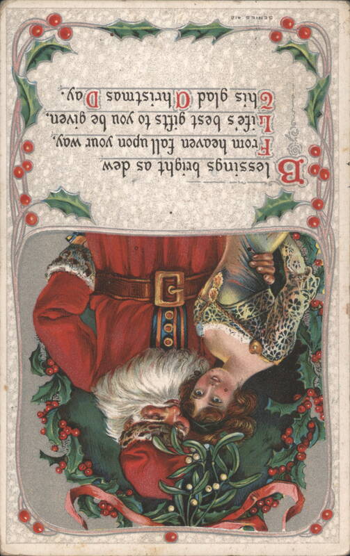 Santa Claus and Woman with Holly Christmas Greeting