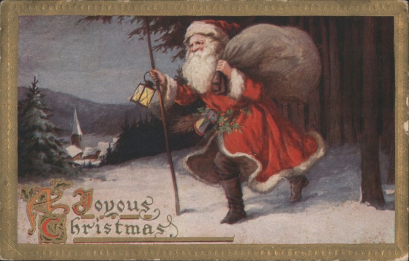 Santa Claus Walking in Snowy Forest with Sack and Lantern, Joyous Christmas