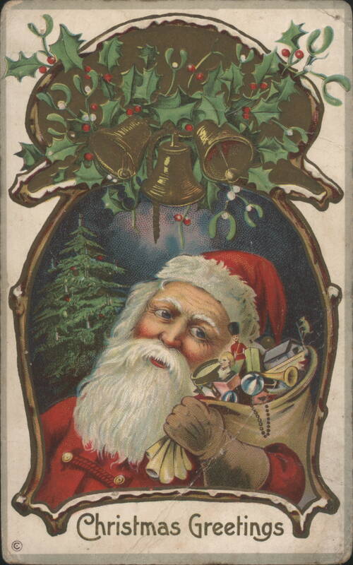 Santa Claus with Sack of Toys & Christmas Tree, Christmas Greetings