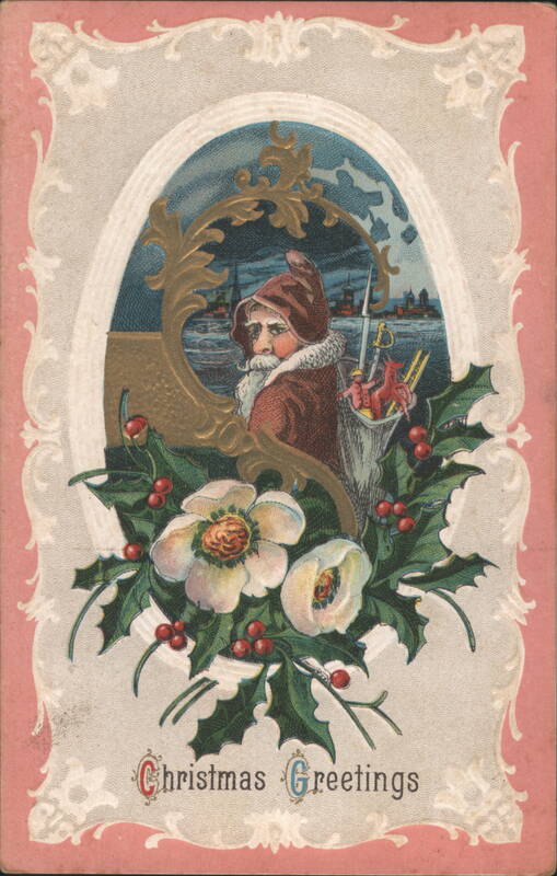 Christmas Greetings Man in Winter Coat, Holly & Flowers