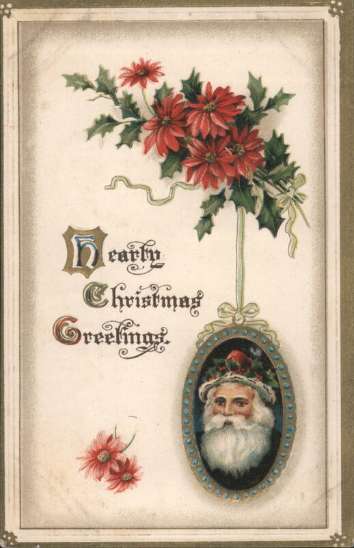 Dearly Christmas Greetings with Santa Claus Portrait & Poinsettias