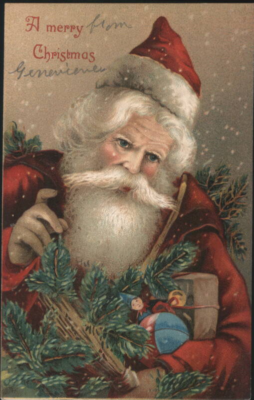 Santa Claus with Pine Branches, Gift, and Doll for Christmas