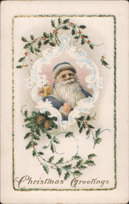 Smiling Santa Claus in Holly Frame with Christmas Greetings