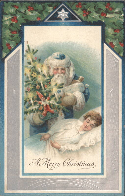 Santa Claus with Christmas Tree & Elf Visiting Sleeping Child