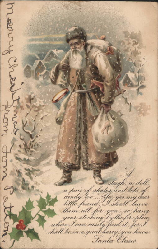 Santa Claus with Sack of Toys in Snowy Landscape Christmas Greeting
