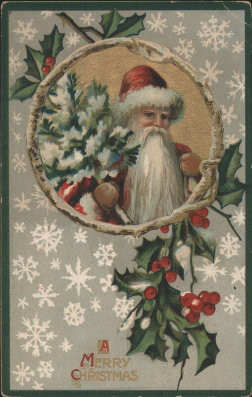 Santa Claus with Christmas Tree, Holly, and Snowflakes