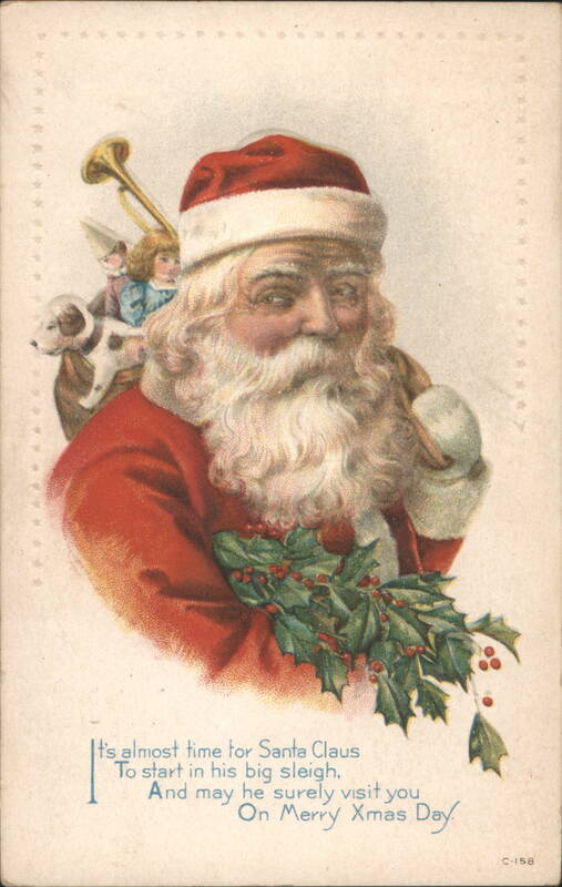 Santa Claus with Elves, Dog, and Holly, Christmas Greeting