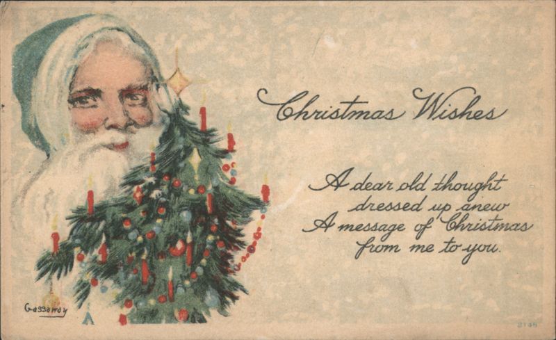 Santa Claus with Christmas Tree and 'Christmas Wishes' by Gassaway