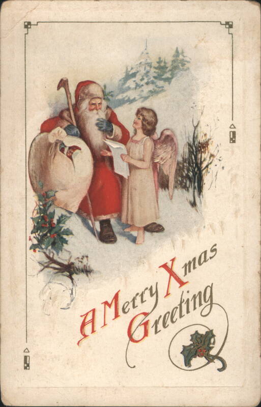 Santa Claus and Angel in Snow with Holly, Merry Christmas Greeting
