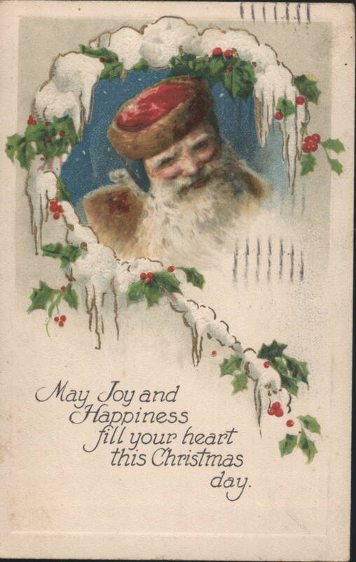 Santa Claus in Snowy Arch with Holly, Christmas Greeting