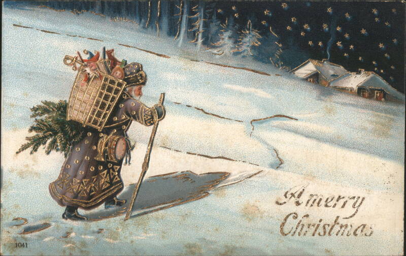 Santa Claus Walking Through Snow with Toys and Christmas Tree