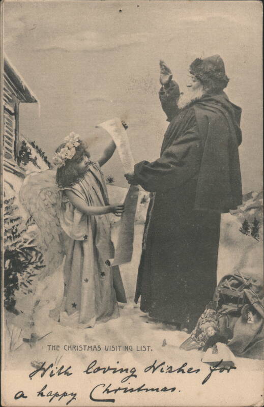 Santa Claus & Angel with Christmas Visiting List in Snowy Scene