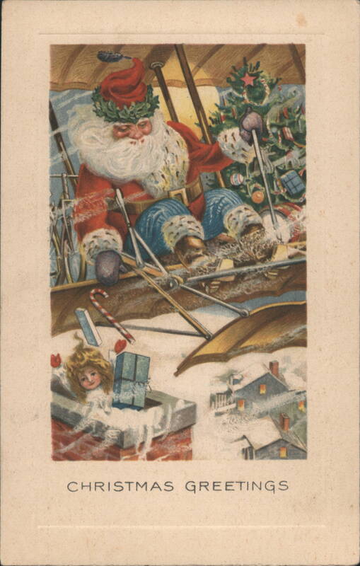 Santa Claus in Flying Machine Delivering Presents Down Chimney