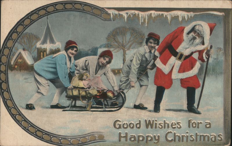 Santa Claus Pulling Sled with Children, Good Wishes for a Happy Christmas