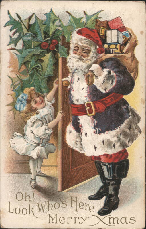Santa Claus & Little Girl at Doorway, Merry Xmas