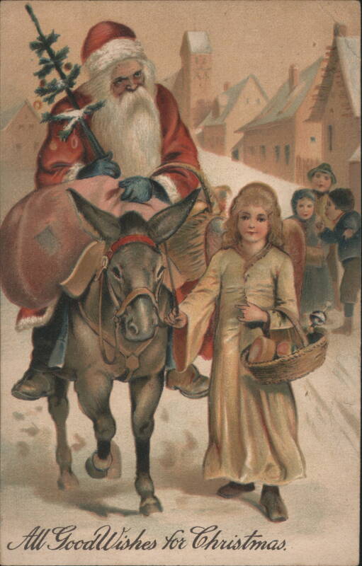 Santa Claus on Donkey Led by Girl in Snowy Village, Christmas Wishes