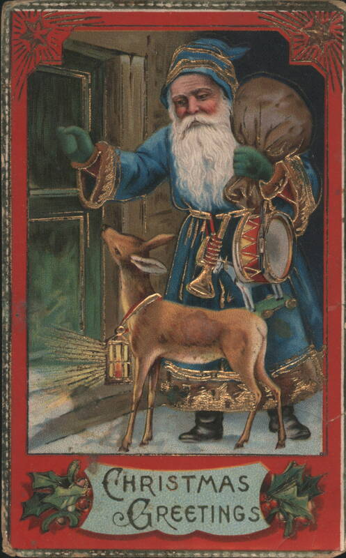 Blue Robe Santa Claus with Deer and Drum, Christmas Greetings