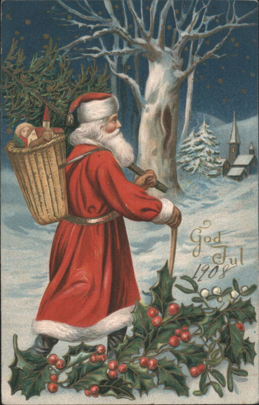Santa Claus with Basket of Toys in Snowy Forest, God Jul 1908