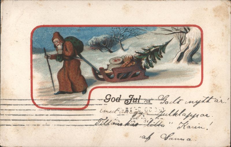 Santa Claus pulling sleigh with Christmas tree & gifts, Swedish greeting