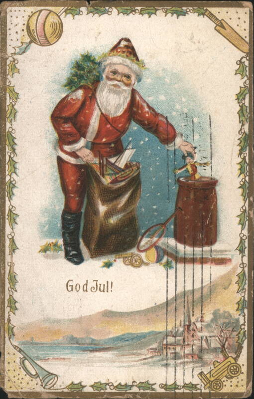 Santa Claus with Sack of Toys and Christmas Tree in Snow