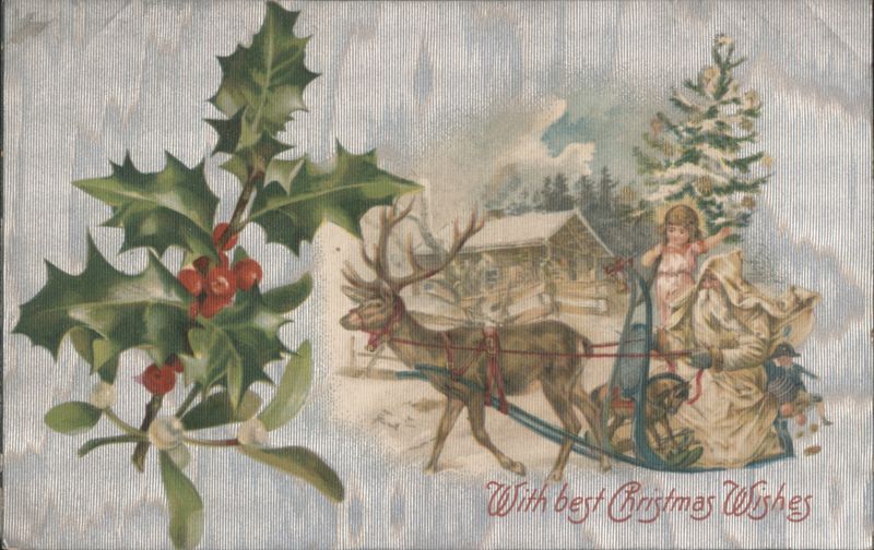 Santa Claus, Child & Reindeer Sleigh Ride with Holly & Mistletoe