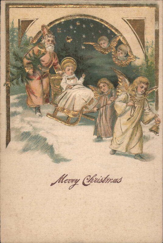 Santa Claus Pushing Sleigh with Child, Angels in Snowy Christmas Scene
