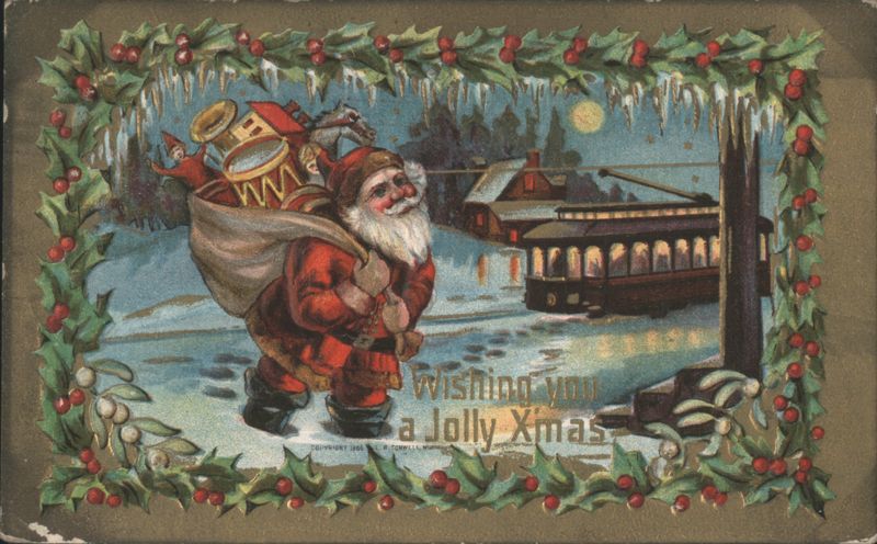Santa Claus with Toys in Snowy Scene, Streetcar, Holly Border