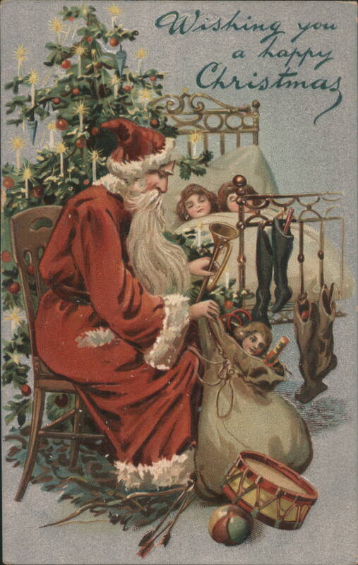 Santa Claus by Christmas Tree with Sleeping Children & Toys