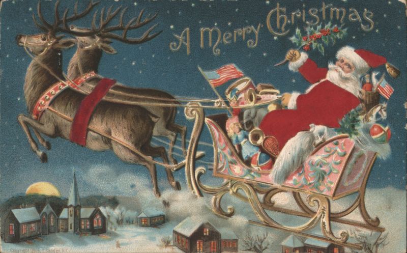 Santa Claus Flying Sleigh with Reindeer Over Snowy Village, Merry Christmas
