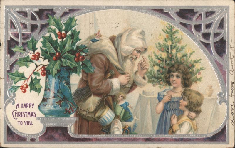 Santa Claus with Children and Christmas Tree, Holly, A Happy Christmas