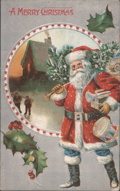 Santa Claus with Wreath and Toys in Winter Scene, A Merry Christmas