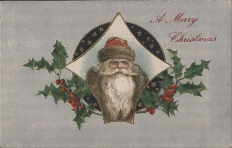 Santa Claus Bust with Holly and Berries, A Merry Christmas