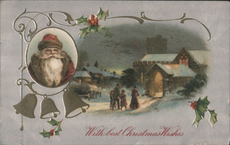 Santa Claus with Snowy Village and Church, Christmas Wishes Germany