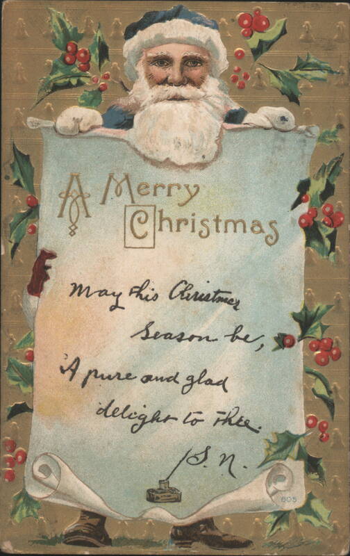 Santa Claus holding 'A Merry Christmas' scroll with holly