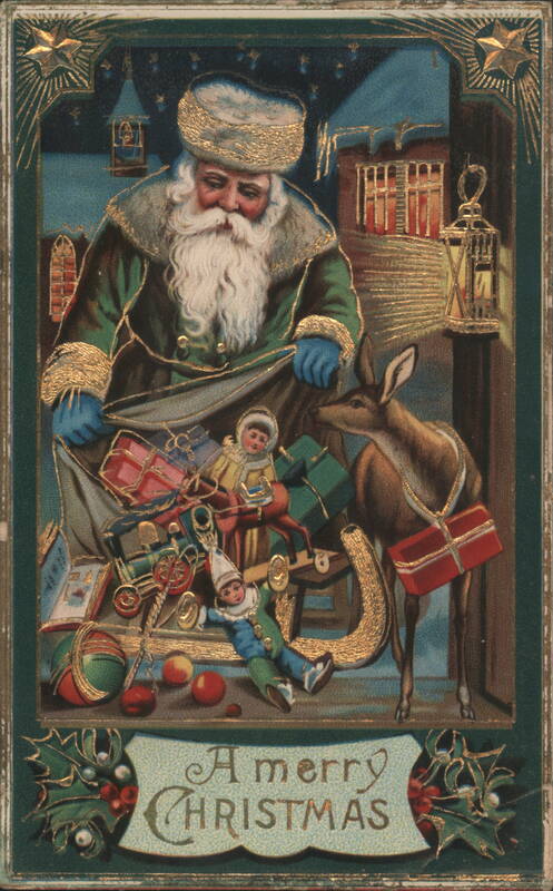 Santa Claus with Deer and Toys, A Merry Christmas